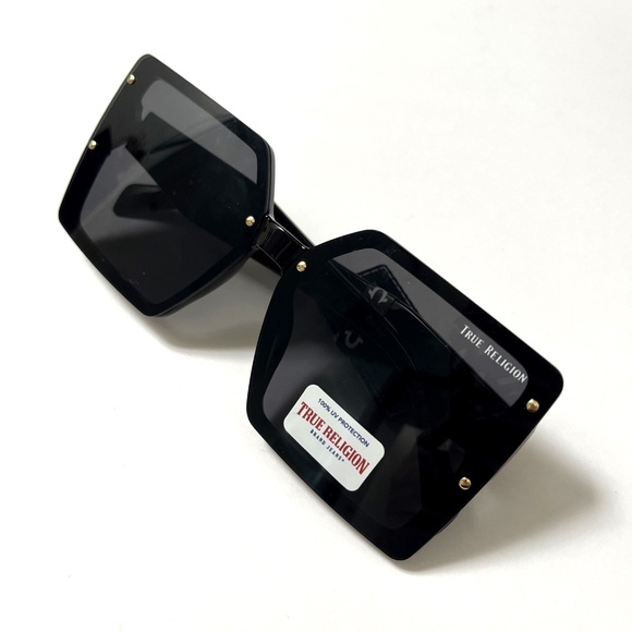 New Original TRUE RELIGION Square Sunglasses Oversized Acetate Black Studded - Picture 6 of 6